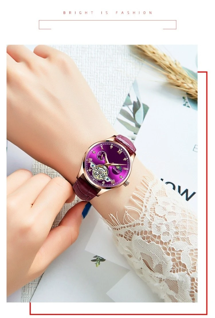 Custom Logo For Women Automatic Mechanical Watch Diamond Rose Gold With Leather Luxury Watch Luminous Hands